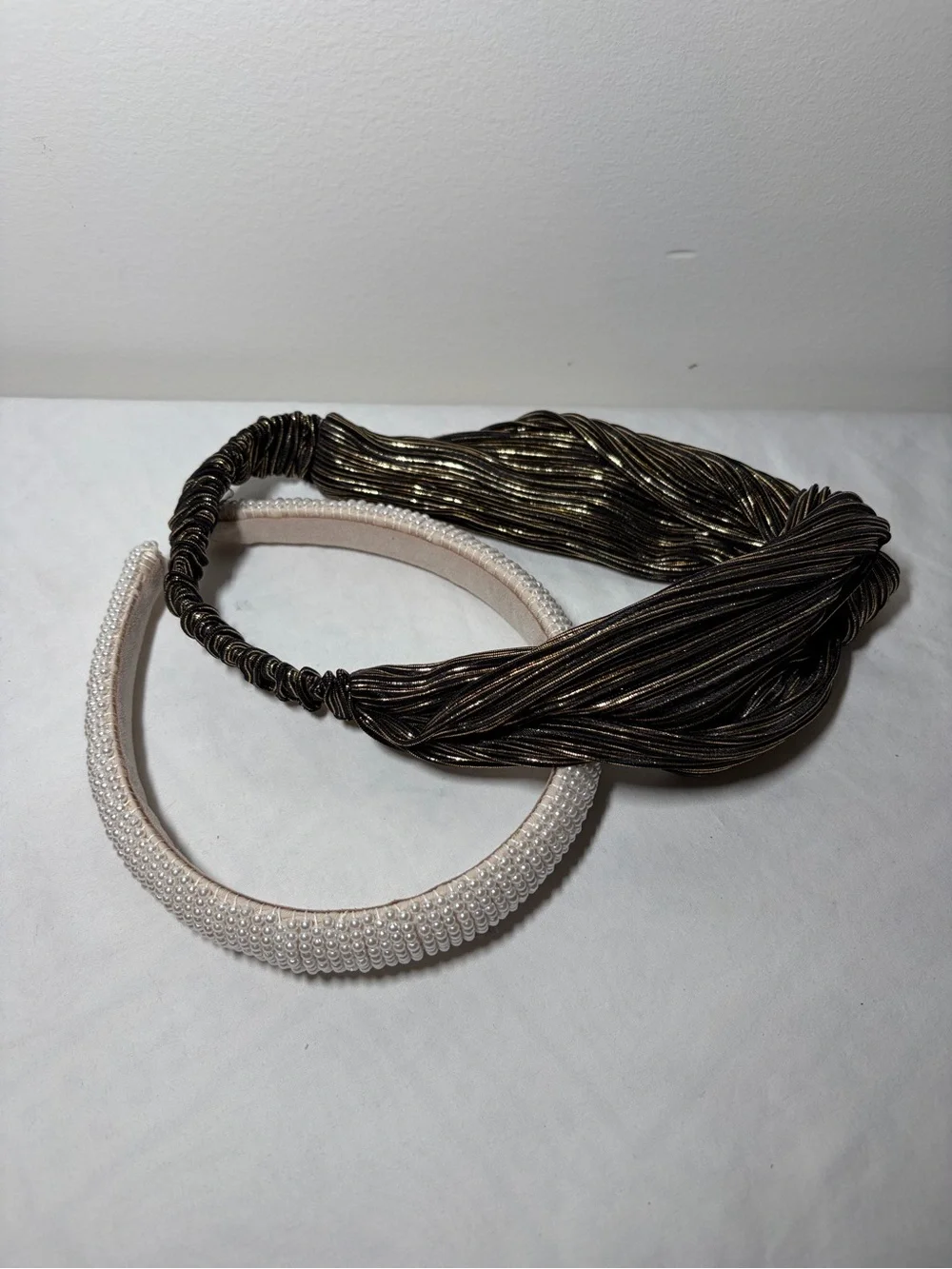 Pearl Beaded and Metallic Knot Headband Set - White & Bronze